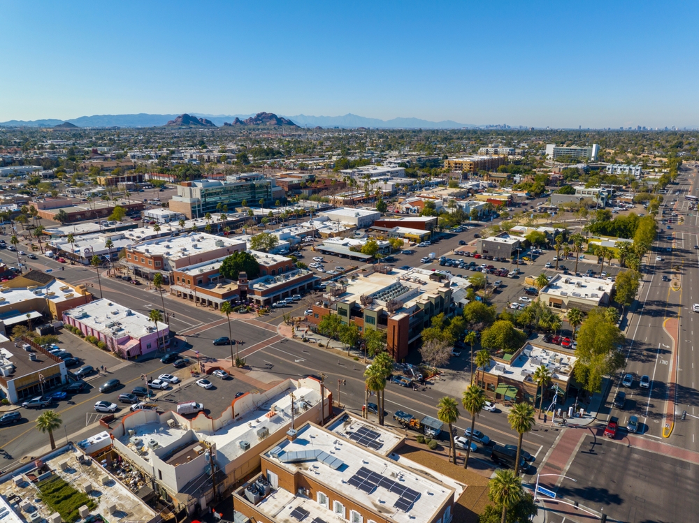 Scottsdale,City,Center,Aerial,View,On,Scottsdale,Road,At,Indian